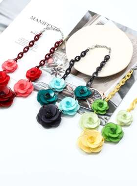 芯蓝饰品亚克力项链波西米亚风链子热卖多色花朵链条