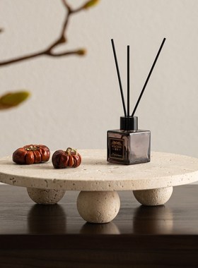 侘寂风黄洞石果盘创意日式餐桌摆件茶几大理石Q香薰收纳托盘装饰