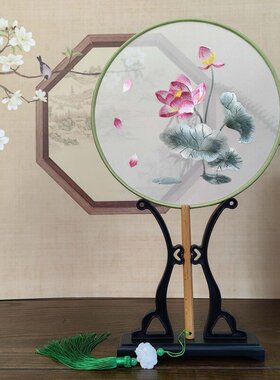 新中式古典双面绣花圆形团扇宫廷蝴蝶刺绣摆件古风拍照圆扇子