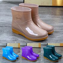 Rain Shoes Womans middle cylinder Rain boot plus suede Water Shoe New waterproof non-slip rubber Shoe kitchen Car wash work Short cylinder Water boot