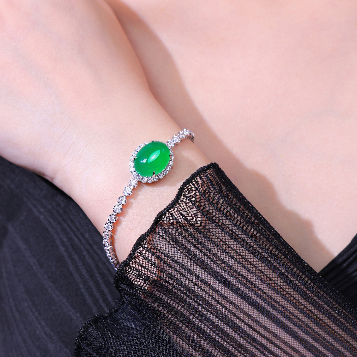 AILEQ正阳绿玉髓玛瑙925银手链高碳钻国潮蛋面手链简约百搭素款K5 - 图1