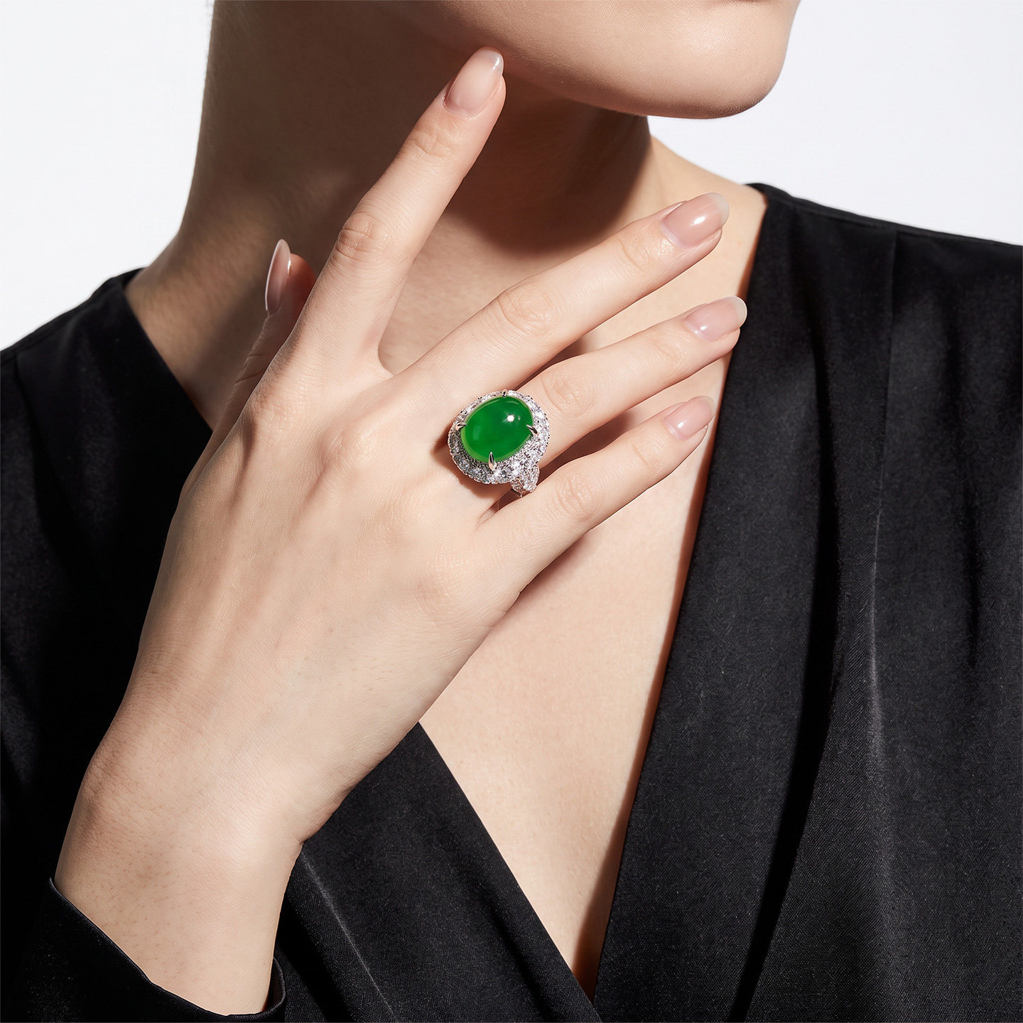 AILEQ925 silver inlaid with natural chalcedony full of green flowers cabochon ring fashion jewelry jewelry live broadcast