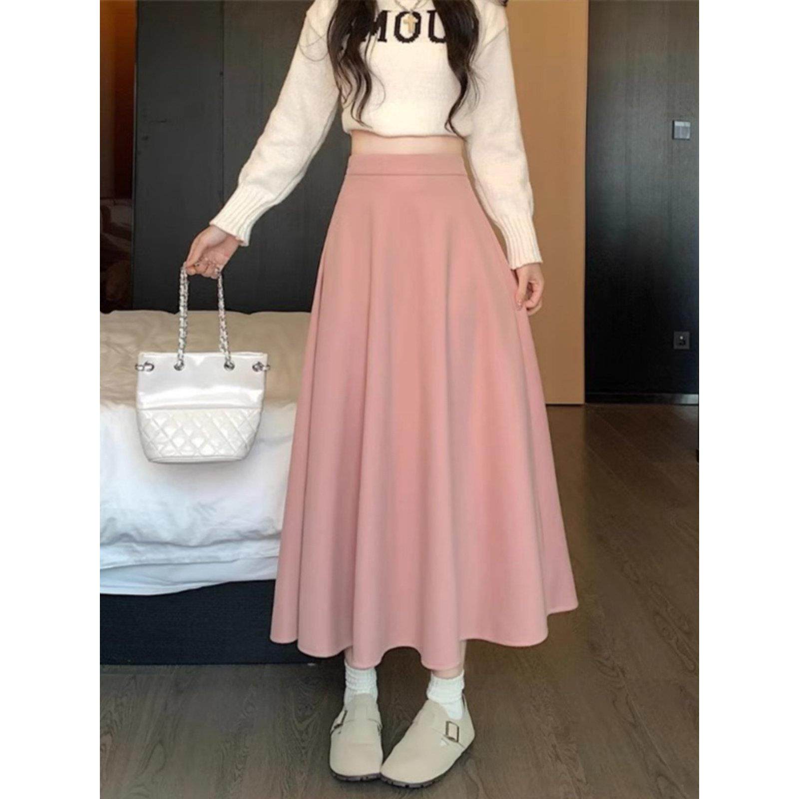 大码赫本风粉色毛呢半身长裙女秋季穿搭胖mm小个子a字百褶裙半裙,淘宝优惠券,粉丝福利购,淘宝优惠卷
