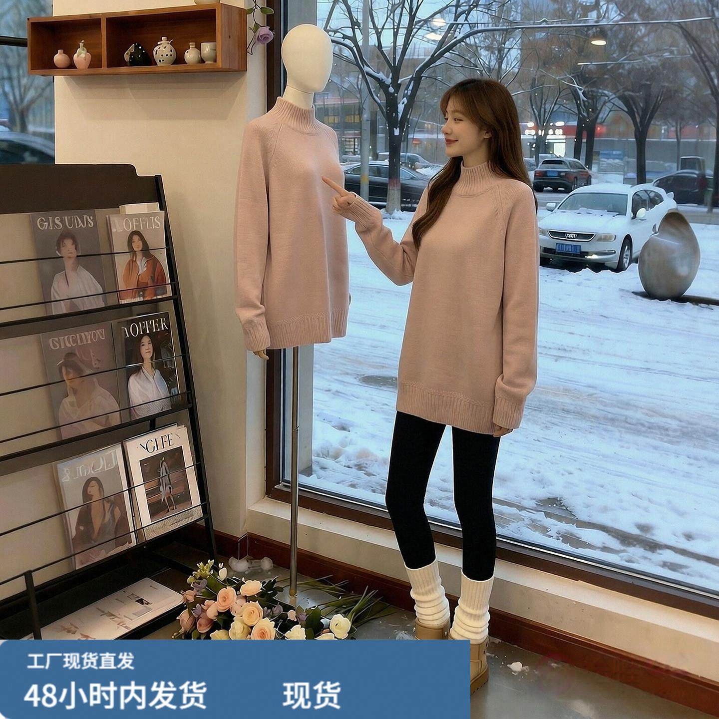 粉色半高领中长款打底衫女冬季义乌内搭洋气遮屁股搭配鲨鱼裤上衣,淘宝优惠券,粉丝福利购,淘宝优惠卷