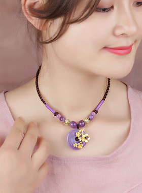 复古紫水晶项链挂饰脖颈饰品女短款小清新锁骨链颈带民族风颈链秋