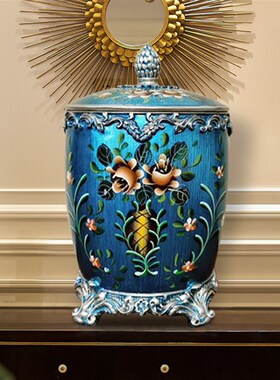 欧式客厅茶几桌面纸篓垃圾桶带盖家用装饰品美式树脂收纳桶摆件