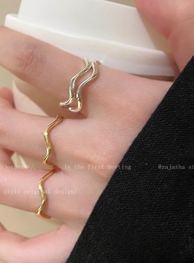 波浪金属开口戒指女2024新款时尚冷淡风食指戒小众设计可调节指环