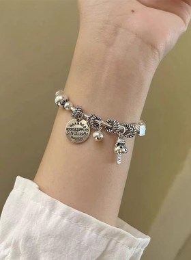 纯银手链女款2024年新款银饰品复古法银手镯招财猫圆珠弹力绳手串