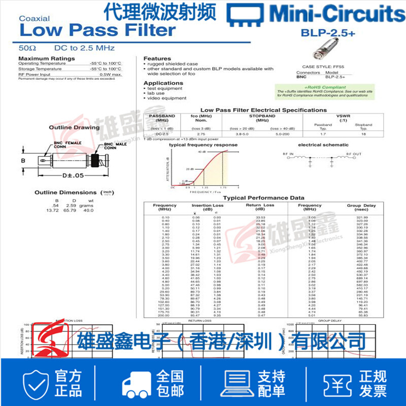 Mini-Circuits BLP-2.5+ DCto2.5MHZ 50Ω射频低通滤波器 B-图1