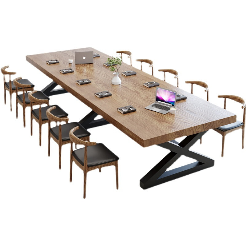 实木会议桌长桌简约现代长条大型工业风简易办公培训洽谈桌椅组合