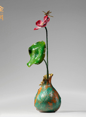 《和和美美》黄铜创意荷花摆件新中式电视柜玄关铜工艺品装饰摆件