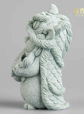 摆件假山新东方桌面鱼缸茶宠居家中式瑞兽国潮造景创意青醒狮砂石