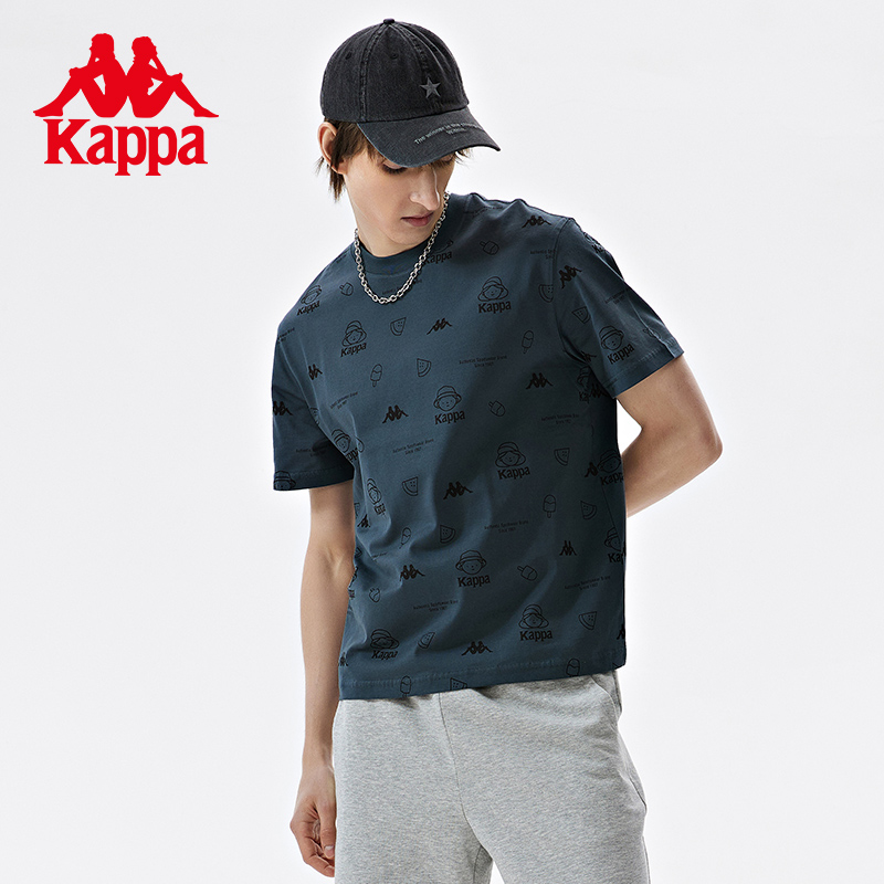 Kappa卡帕满印T恤新款情侣男女运动短袖夏纯棉圆领休闲半袖