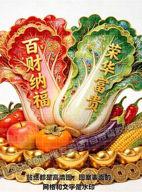 百财聚来鎏金白菜聚宝盆贴纸客厅