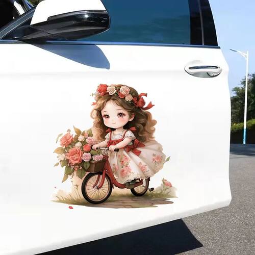 骑车的玫瑰少女汽车电动贴纸冰箱马桶贴画墙面门窗遮瑕可爱贴画纸 - 图0