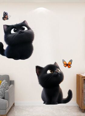 可爱小黑猫嬉戏蝴蝶贴纸电动车汽车划痕遮挡贴纸墙面冰箱马桶贴花