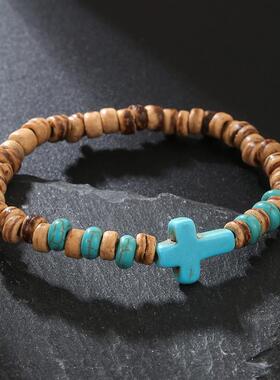 Cross Bracelet for Men椰壳木片松石十字架手链男嘻哈木头手环