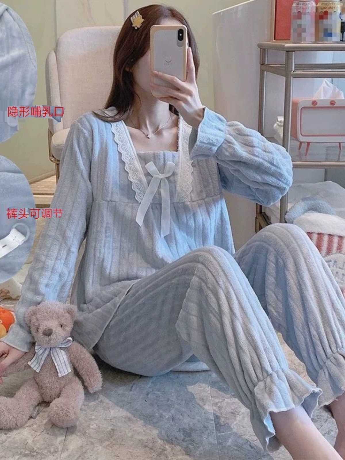 孕妇睡衣女秋冬季法兰绒加厚加绒产后月子服喂奶哺乳衣怀孕期套装