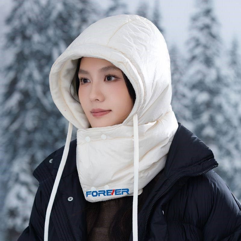 日系百搭羽绒皮面雷锋帽子女可围脖防寒保暖一体帽秋冬休闲套头帽,淘宝优惠券,粉丝福利购,淘宝优惠卷