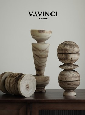 梵其侘寂风创意实木纹几何装饰摆件中古艺术样板房间酒店民宿摆设