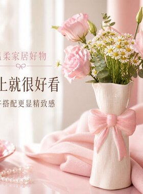 陶瓷蝴蝶结小花瓶客厅办公室桌面插花摆件高颜值精致装饰器物