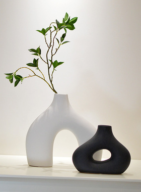 现代北欧a黑白艺术陶瓷花瓶玄关假花样板房装饰电视柜酒柜摆件酒