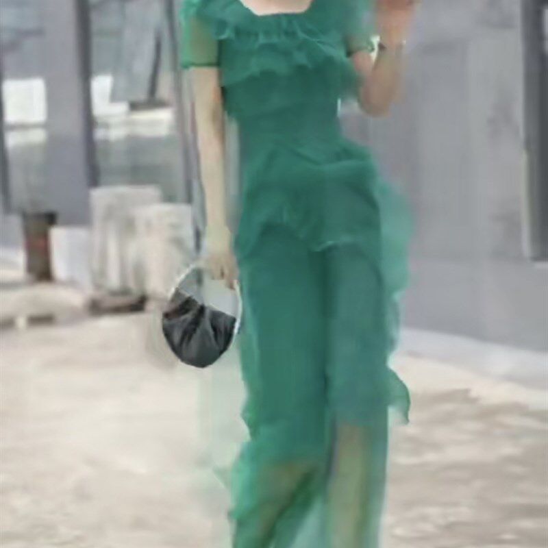 精致感女人味时h尚连衣裙2023年夏季新款方领设计感雪纺蛋糕裙长