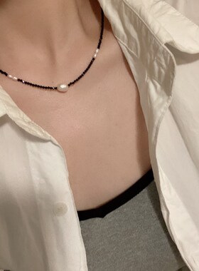 新品小众设计天然淡水珍珠黑色尖晶石项链时髦气质黑色锁骨链百搭