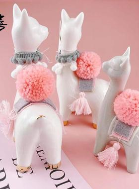 羊驼摆件工艺品家居装饰用品创意饰品毛球摆件描金卡通