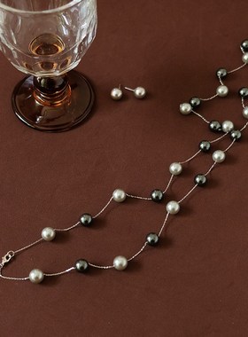矜贵气质 强光铂金灰大溪地长款珍珠项链毛衣链百搭高级时髦叠戴