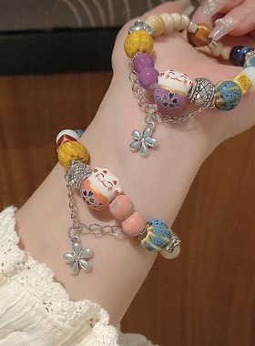 精致彩色串珠闺蜜手串招财猫陶瓷新中式手链女轻奢小众国风