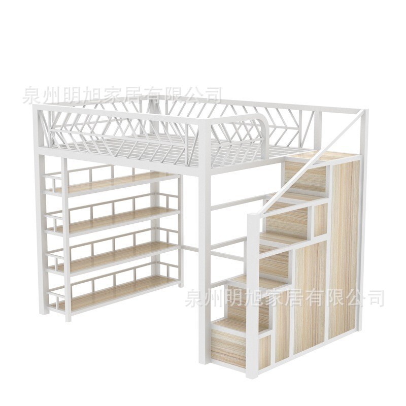 带书架阁楼床省空间复式双人铁床简约现代小户型高架床衣柜铁艺床-图3
