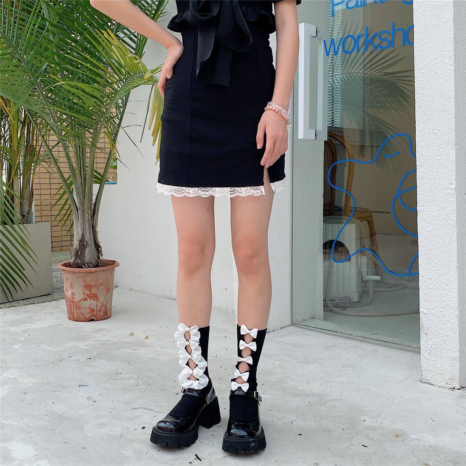 PATTKIN 设计师小众手工日系蝴蝶结镂空不对称花边中筒棉女袜,淘宝优惠券,粉丝福利购,淘宝优惠卷