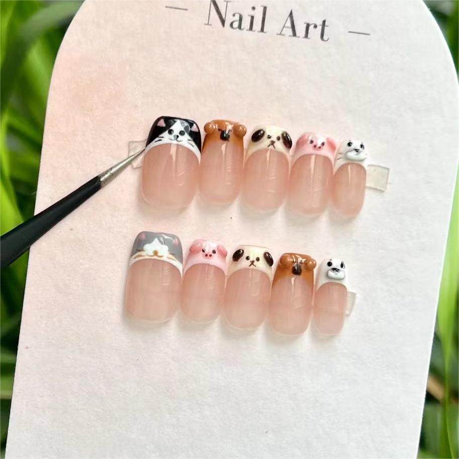 纯手工穿戴甲超萌小猫小狗法式美甲短款高级可爱显白裸色学生辣妹,淘宝优惠券,粉丝福利购,淘宝优惠卷