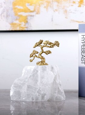 轻奢迎客松摆件天然p石底座客厅玄关柜样板间电视柜家居装饰品