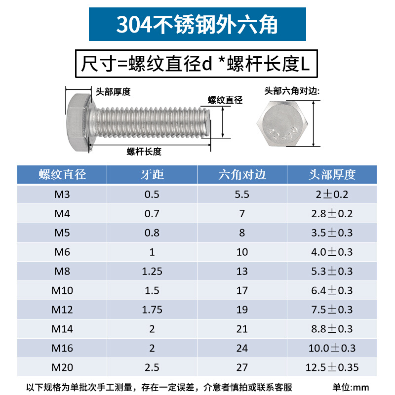 304不锈钢外六角螺丝加长半牙全牙螺栓m3m4m5m6m8m10m12m14m16mm - 图2