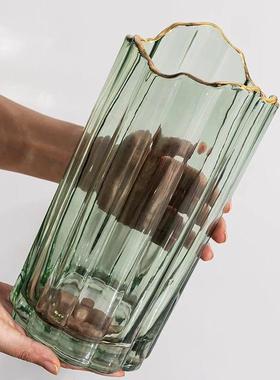 简约新款波浪金边口竖条纹圆筒玻璃花瓶富贵竹花瓶餐桌办公工艺品