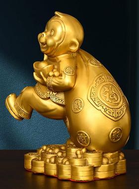 开运纯黄铜猴子摆件风水猴吉祥物十二生肖猴摆设猴摆件背钱袋福猴