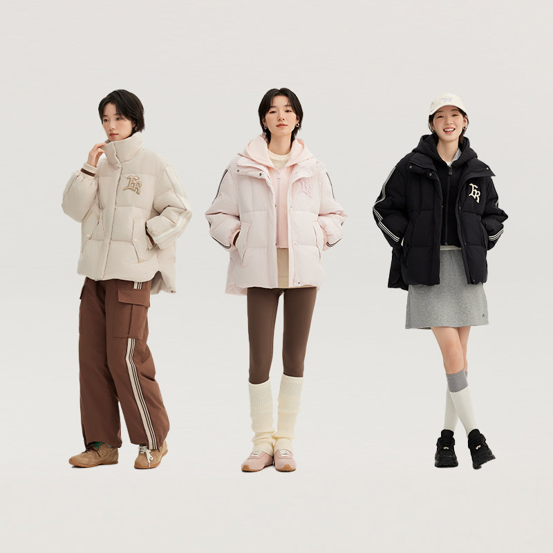 艾莱依假两件短款羽绒服女冬季新款美式时尚简约加厚条纹简约外套,淘宝优惠券,粉丝福利购,淘宝优惠卷