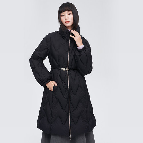 艾莱依收腰羽绒服女款秋冬季次新款时尚设计感立领中长款防风外套 - 图1