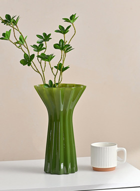 2025新款宽口玻璃插花艺术摆件简约轻奢条纹干花装饰家居时尚