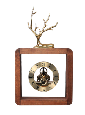 创意铜鹿胡桃木座钟静音时u钟座钟摆件新中式客厅玄关卧室装饰钟