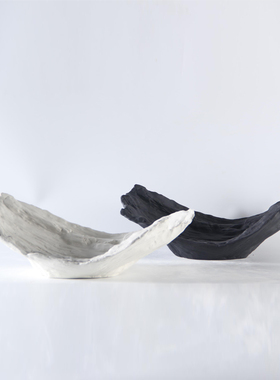 现代家居新中式哑k光黑白陶瓷托盘摆件样板间客厅茶几树皮果盘软