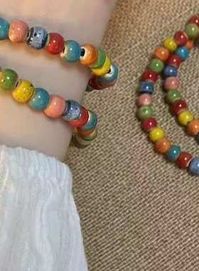2025新款小众波西米亚彩色陶瓷多巴胺弹力手链女气质叠戴手串饰品