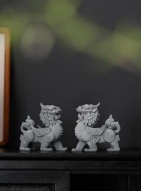 创意独角兽对绿色砂岩茶宠物茶玩饰品鱼缸景观中国风客厅酒柜电视