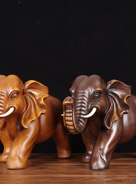 实木雕象摆件一对 招财大象家居客厅酒柜装饰办公室中式送礼摆设