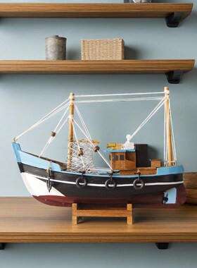 地中海风格实木帆船帆布船摆件海洋元素摆件酒柜客厅摆件