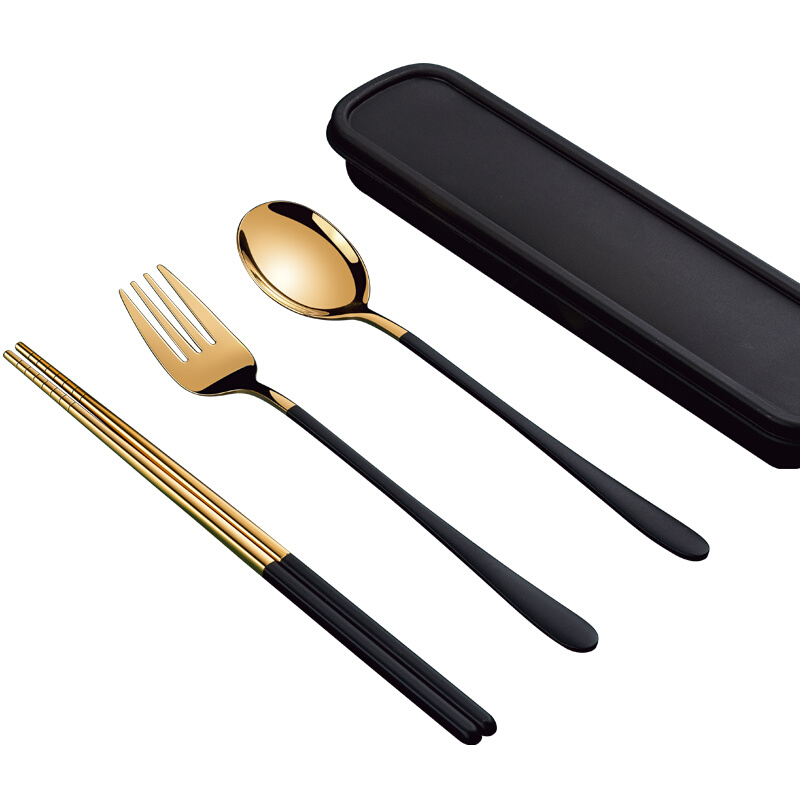 304不锈钢筷子勺子便携式餐具学生三件单人套装叉子收纳盒一人食 - 图3