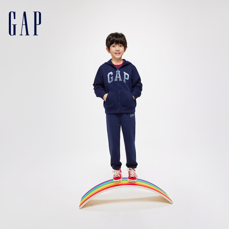 Gap男童2024春季新款LOGO刺绣宽松连帽卫衣儿童装运动外套429331