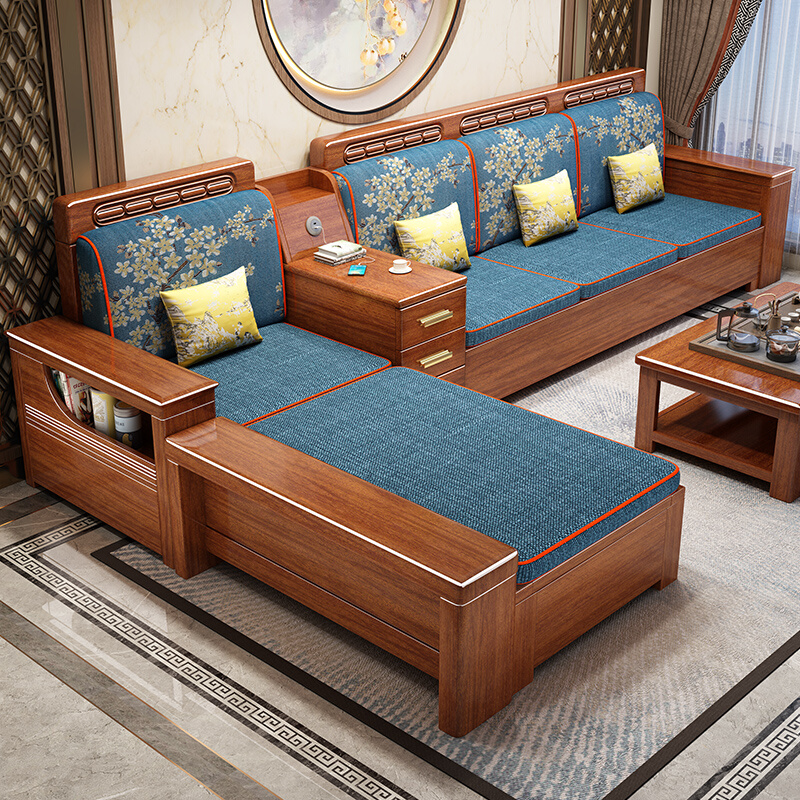 胡桃木实木沙发组合新中式家用经济型客厅储物冬夏两用小户型沙发-图0